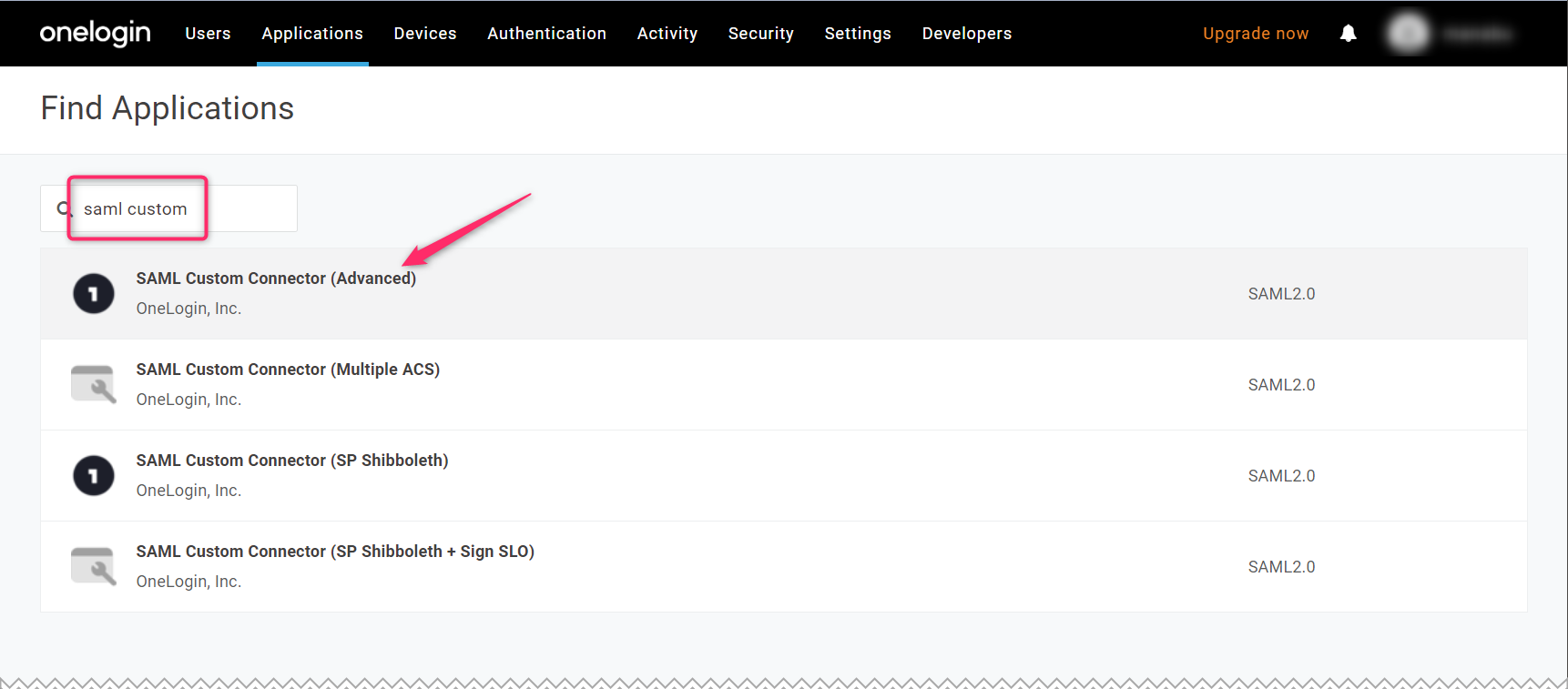 Select SAML Custom Connector